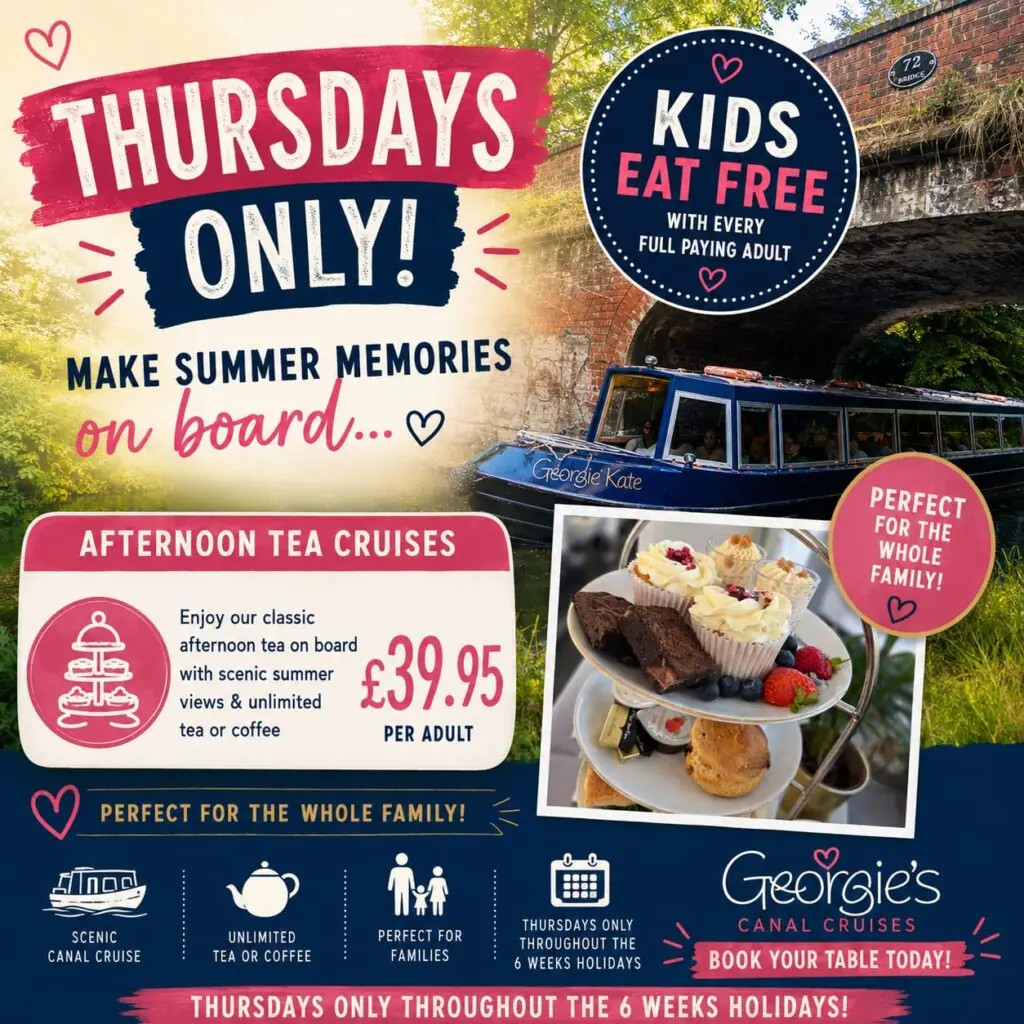 Thursday Afternoon Tea Cruises FREE FOR KIDS - kids eat free with every full paying adult at Georgies Canal Cruises